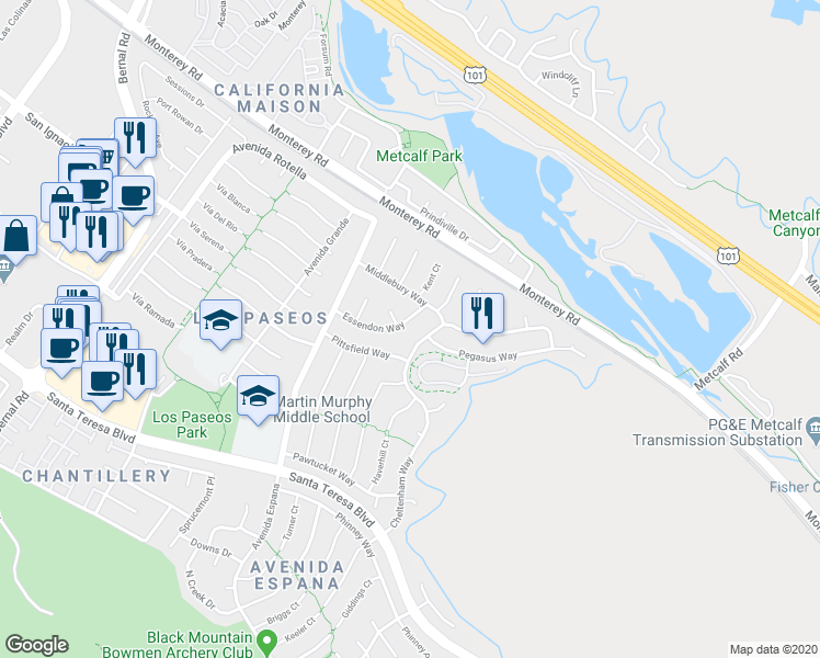 map of restaurants, bars, coffee shops, grocery stores, and more near 68 Essendon Way in San Jose