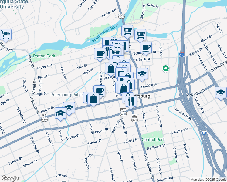 map of restaurants, bars, coffee shops, grocery stores, and more near 36 North Union Street in Petersburg