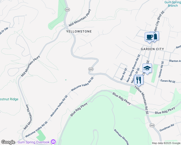 map of restaurants, bars, coffee shops, grocery stores, and more near 3466 Yellow Mountain Road Southeast in Roanoke