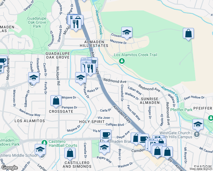 map of restaurants, bars, coffee shops, grocery stores, and more near 1134 Holly Oak Circle in San Jose