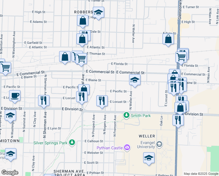 map of restaurants, bars, coffee shops, grocery stores, and more near 1353 East Pacific Street in Springfield
