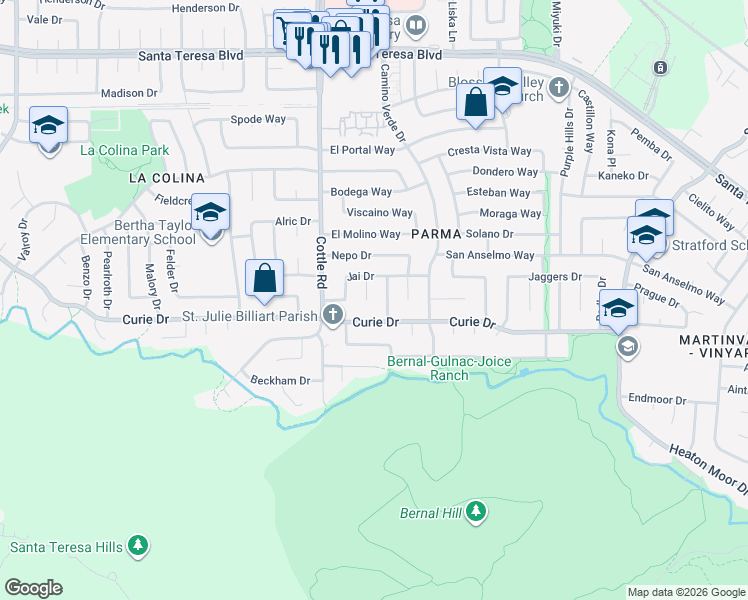 map of restaurants, bars, coffee shops, grocery stores, and more near 6420 Rizal Court in San Jose
