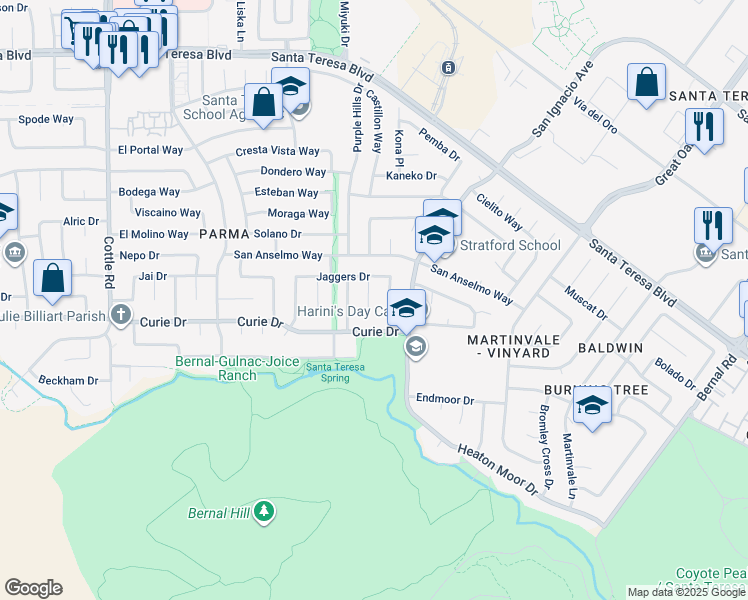 map of restaurants, bars, coffee shops, grocery stores, and more near 6568 Bison Court in San Jose
