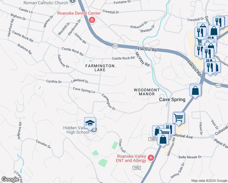 map of restaurants, bars, coffee shops, grocery stores, and more near 5229 Cave Spring Lane in Cave Spring