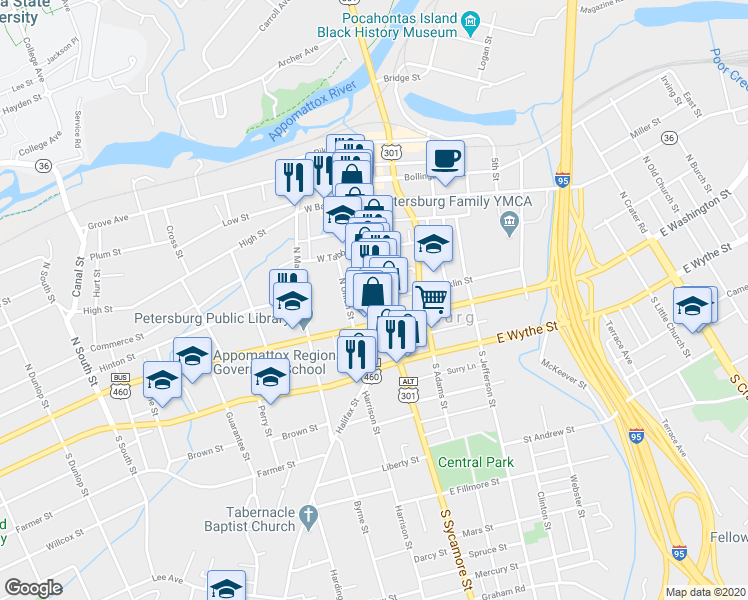 map of restaurants, bars, coffee shops, grocery stores, and more near 29 North Union Street in Petersburg