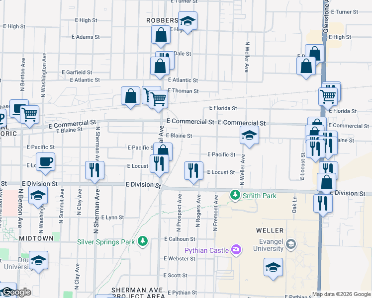 map of restaurants, bars, coffee shops, grocery stores, and more near 1303 East Pacific Street in Springfield