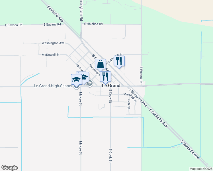 map of restaurants, bars, coffee shops, grocery stores, and more near 13208 East Le Grand Road in Le Grand