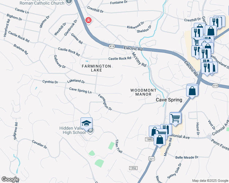 map of restaurants, bars, coffee shops, grocery stores, and more near 5219 Cave Spring Lane in Roanoke