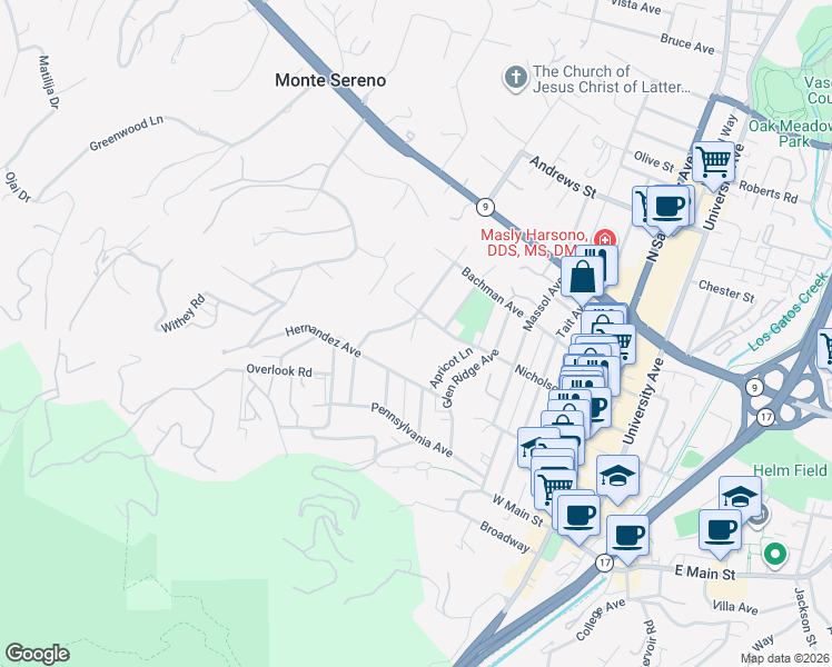 map of restaurants, bars, coffee shops, grocery stores, and more near 57 Ellenwood Avenue in Los Gatos