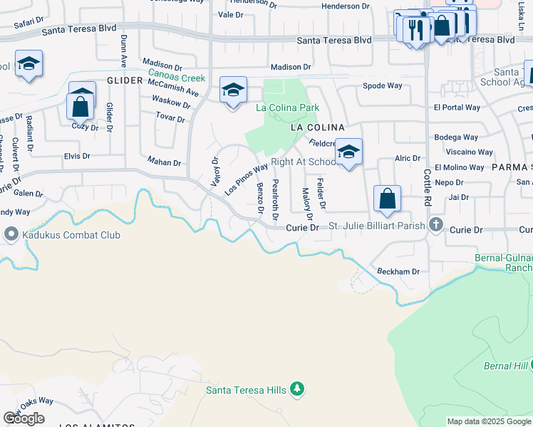 map of restaurants, bars, coffee shops, grocery stores, and more near 6376 Benzo Drive in San Jose