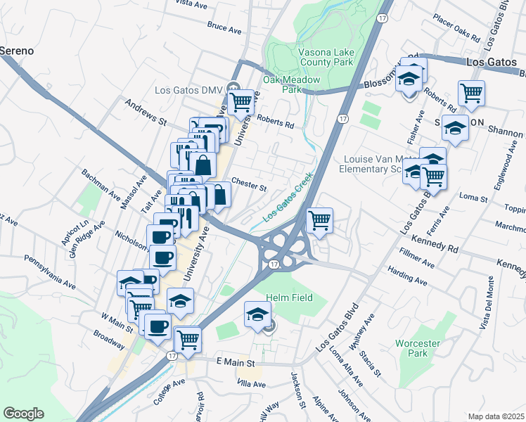 map of restaurants, bars, coffee shops, grocery stores, and more near 210 Creekside Village Drive in Los Gatos
