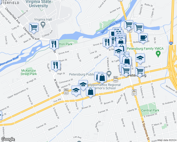 map of restaurants, bars, coffee shops, grocery stores, and more near 310-440 Commerce Street in Petersburg
