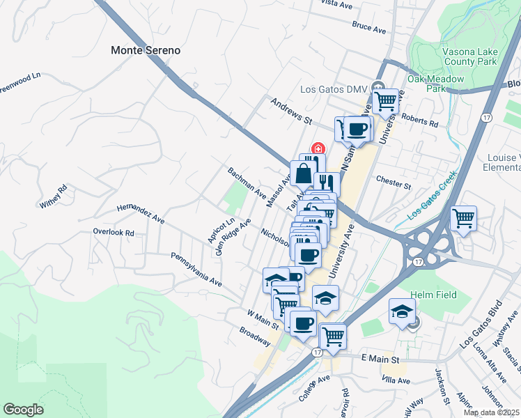 map of restaurants, bars, coffee shops, grocery stores, and more near 225 Massol Avenue in Los Gatos