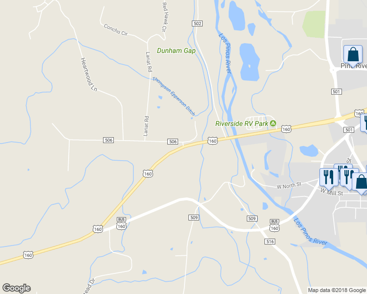 map of restaurants, bars, coffee shops, grocery stores, and more near U.S. 160 in Bayfield