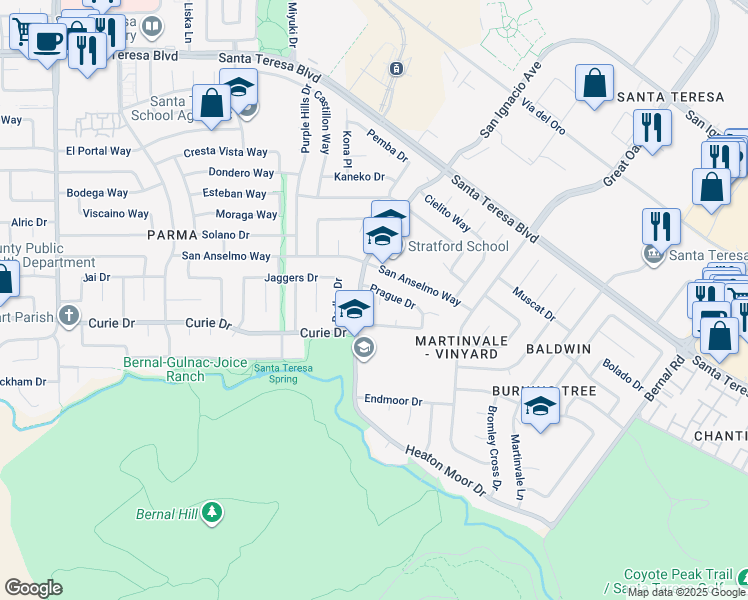 map of restaurants, bars, coffee shops, grocery stores, and more near 6579 Prague Court in San Jose