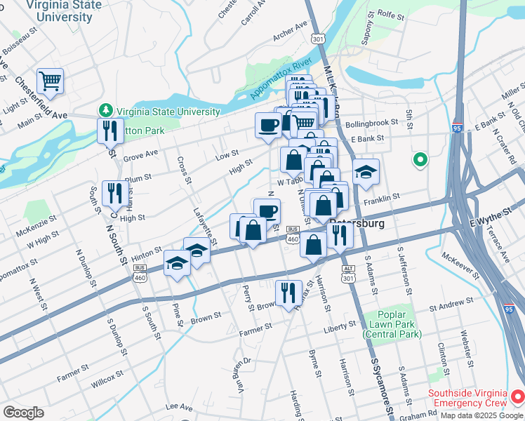 map of restaurants, bars, coffee shops, grocery stores, and more near 225 Hinton Street in Petersburg
