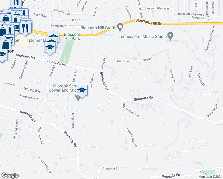 map of restaurants, bars, coffee shops, grocery stores, and more near 15961 Shannon Road in Los Gatos