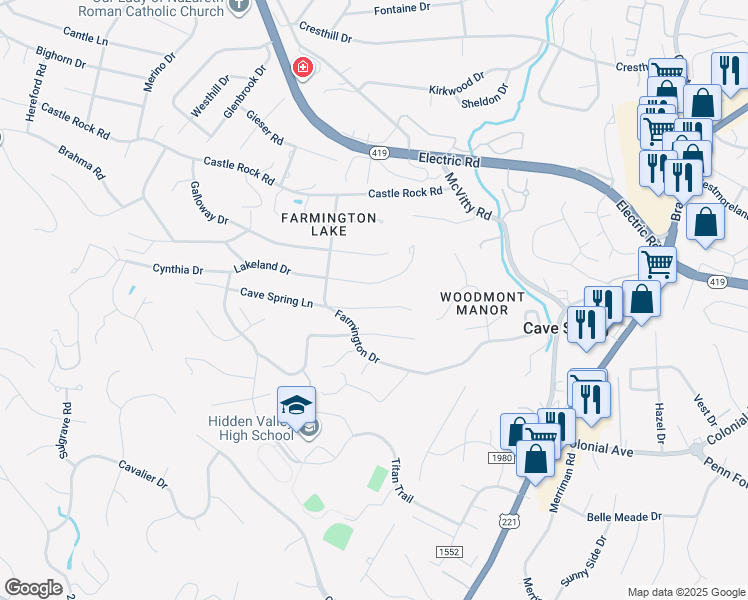 map of restaurants, bars, coffee shops, grocery stores, and more near 5229 Cave Spring Lane in Cave Spring