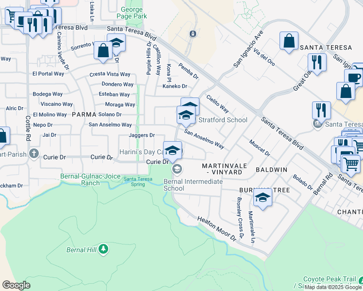 map of restaurants, bars, coffee shops, grocery stores, and more near 6579 Prague Court in San Jose