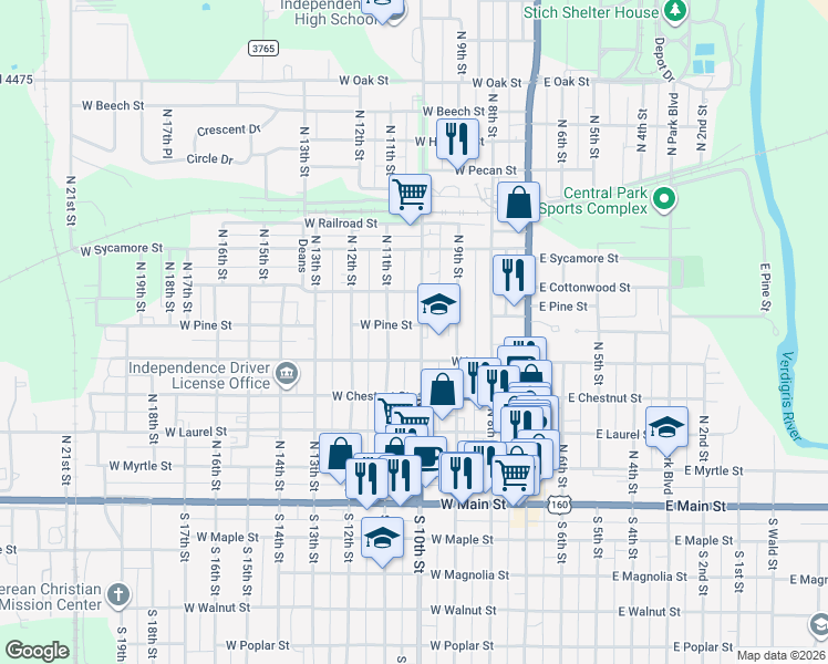map of restaurants, bars, coffee shops, grocery stores, and more near 517 North 10th Street in Independence