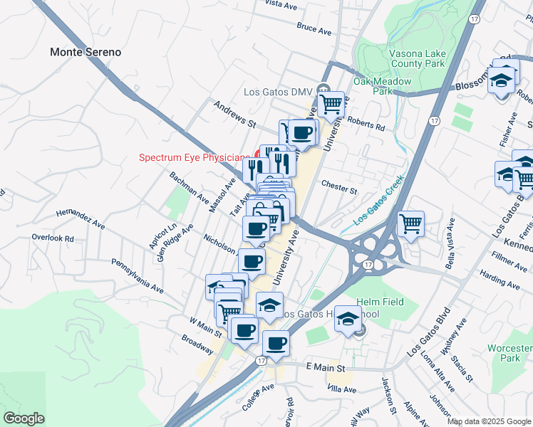 map of restaurants, bars, coffee shops, grocery stores, and more near 335 North Santa Cruz Avenue in Los Gatos