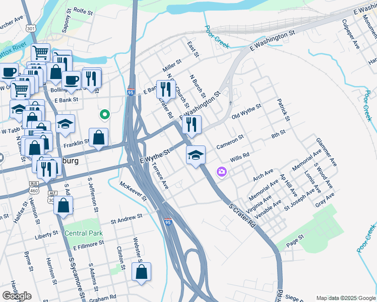 map of restaurants, bars, coffee shops, grocery stores, and more near 128 South Crater Road in Petersburg