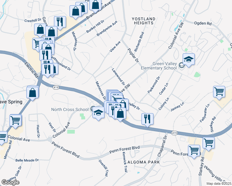map of restaurants, bars, coffee shops, grocery stores, and more near 3741 Colonial Avenue in Cave Spring