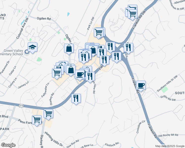 map of restaurants, bars, coffee shops, grocery stores, and more near 4348 Electric Road in Cave Spring