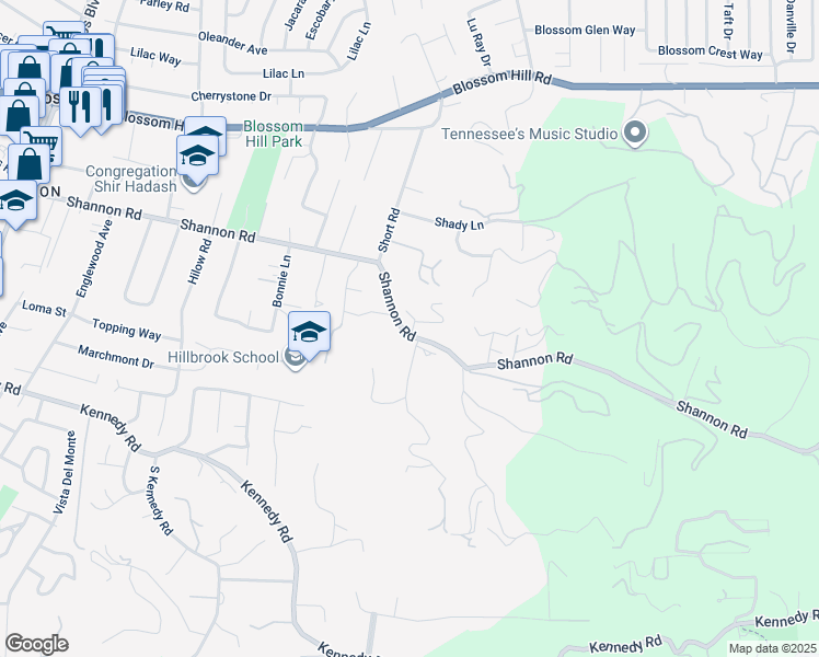 map of restaurants, bars, coffee shops, grocery stores, and more near 15985 Shannon Road in Los Gatos