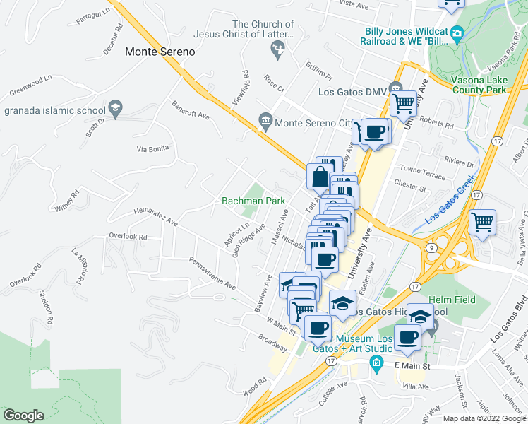 map of restaurants, bars, coffee shops, grocery stores, and more near 219 Glen Ridge Avenue in Los Gatos
