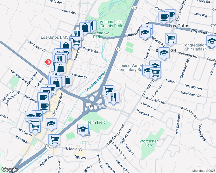 map of restaurants, bars, coffee shops, grocery stores, and more near 439 Alberto Way in Los Gatos
