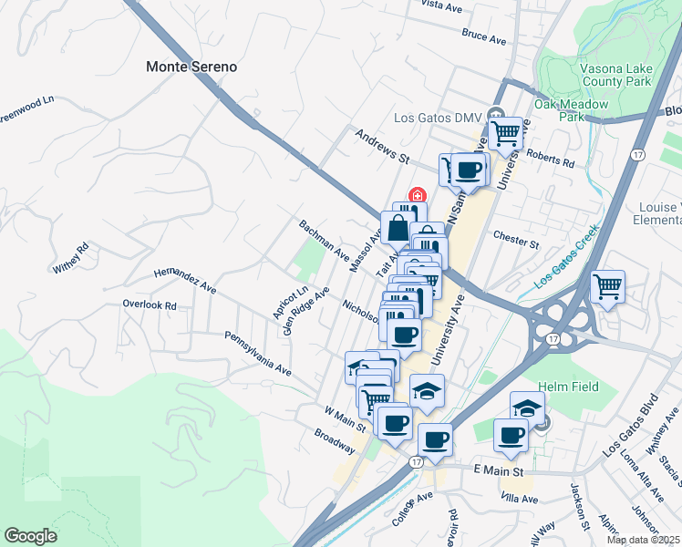 map of restaurants, bars, coffee shops, grocery stores, and more near 219 Glen Ridge Avenue in Los Gatos