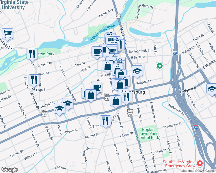 map of restaurants, bars, coffee shops, grocery stores, and more near 36 North Union Street in Petersburg