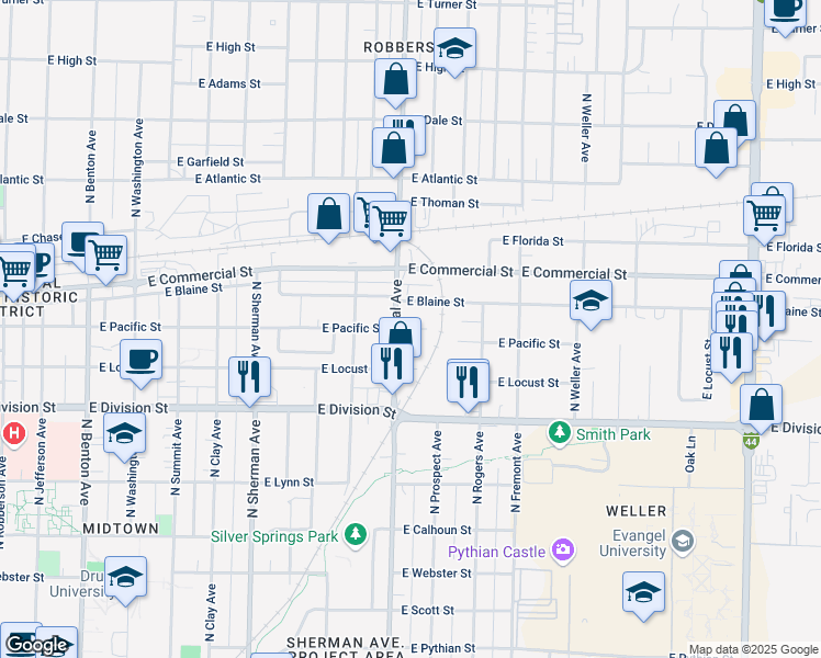 map of restaurants, bars, coffee shops, grocery stores, and more near in Springfield