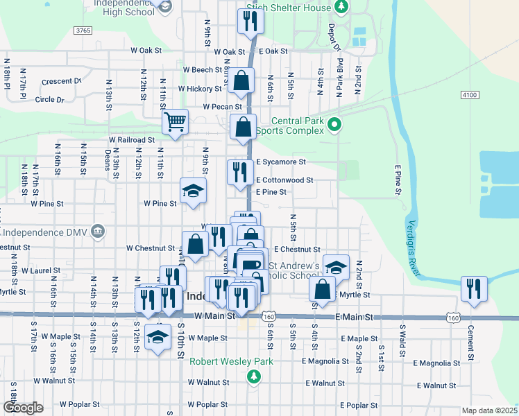 map of restaurants, bars, coffee shops, grocery stores, and more near 500-520 North Pennsylvania Avenue in Independence