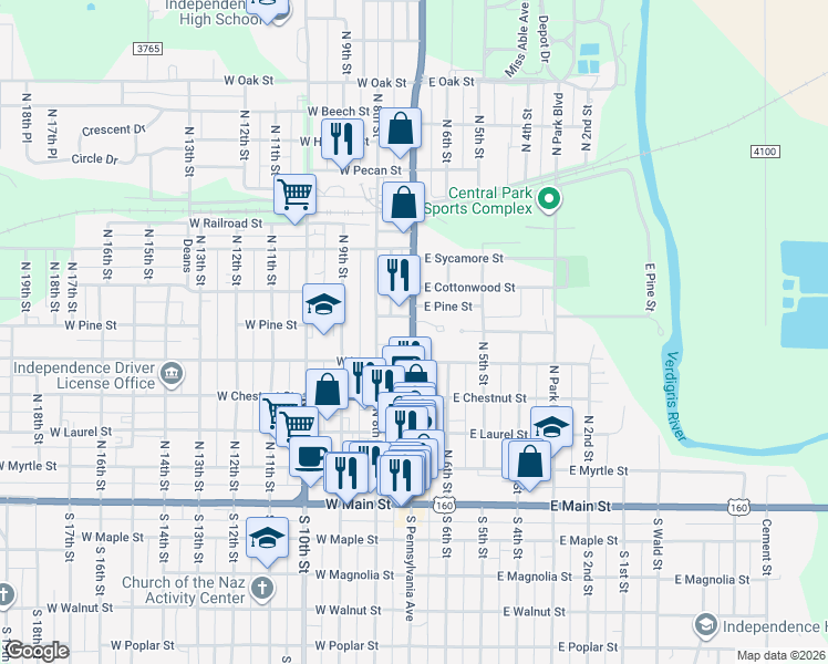 map of restaurants, bars, coffee shops, grocery stores, and more near 500-520 North Pennsylvania Avenue in Independence