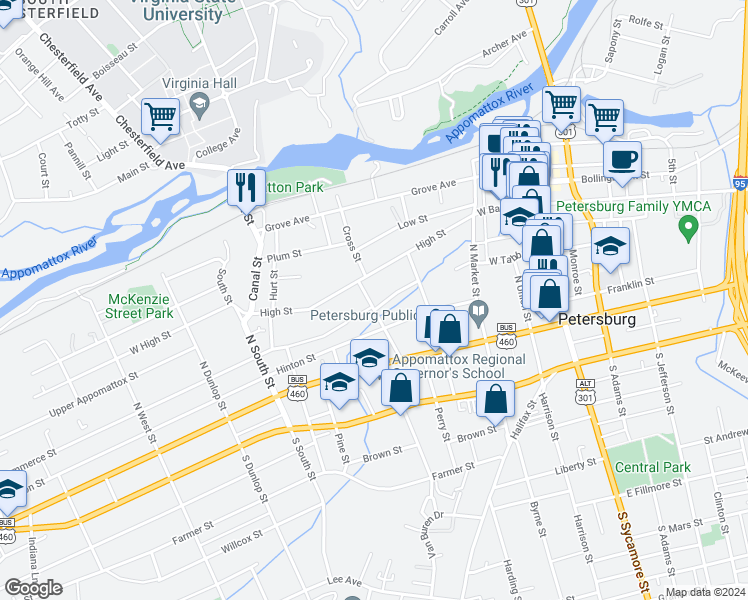 map of restaurants, bars, coffee shops, grocery stores, and more near 422 High Street in Petersburg