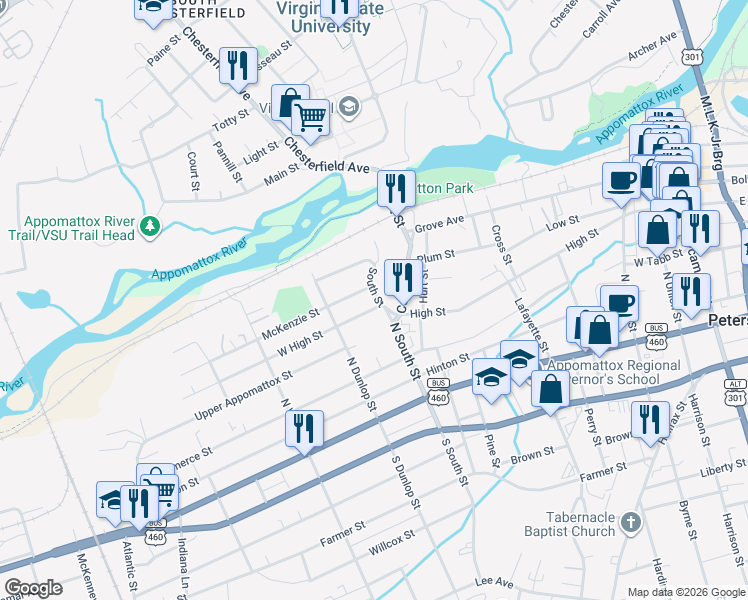 map of restaurants, bars, coffee shops, grocery stores, and more near 805 North South Street in Petersburg