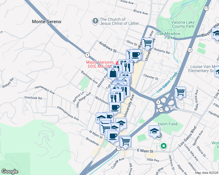 map of restaurants, bars, coffee shops, grocery stores, and more near 310 Tait Avenue in Los Gatos