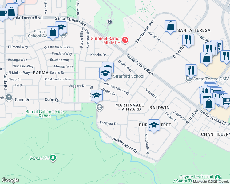 map of restaurants, bars, coffee shops, grocery stores, and more near 221 Prague Drive in San Jose
