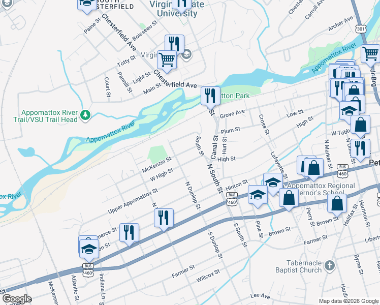 map of restaurants, bars, coffee shops, grocery stores, and more near 805 North South Street in Petersburg