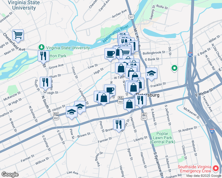 map of restaurants, bars, coffee shops, grocery stores, and more near 201 Hinton Street in Petersburg