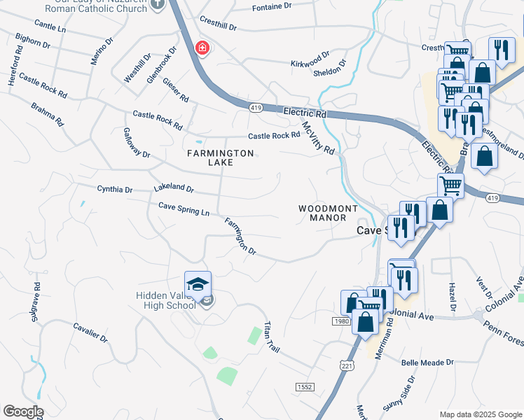 map of restaurants, bars, coffee shops, grocery stores, and more near 5219 Cave Spring Lane in Roanoke