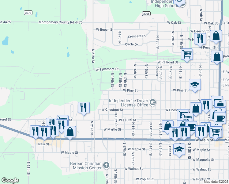 map of restaurants, bars, coffee shops, grocery stores, and more near 1201 West Pine Street in Independence