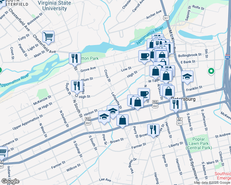 map of restaurants, bars, coffee shops, grocery stores, and more near in Petersburg