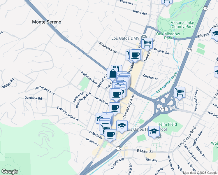 map of restaurants, bars, coffee shops, grocery stores, and more near 310 Tait Avenue in Los Gatos