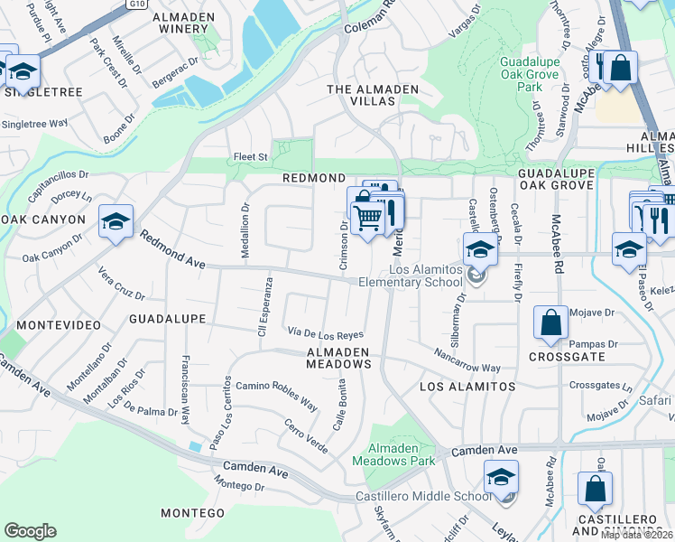 map of restaurants, bars, coffee shops, grocery stores, and more near 6091 Crimson Drive in San Jose