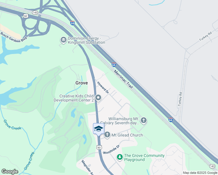 map of restaurants, bars, coffee shops, grocery stores, and more near 127A Howard Drive in Williamsburg