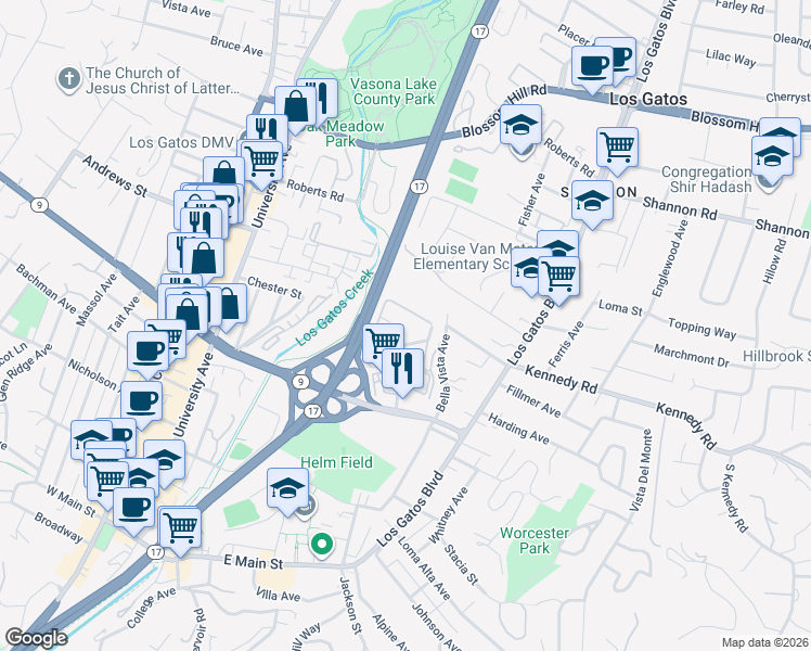 map of restaurants, bars, coffee shops, grocery stores, and more near 451 Alberto Way in Los Gatos