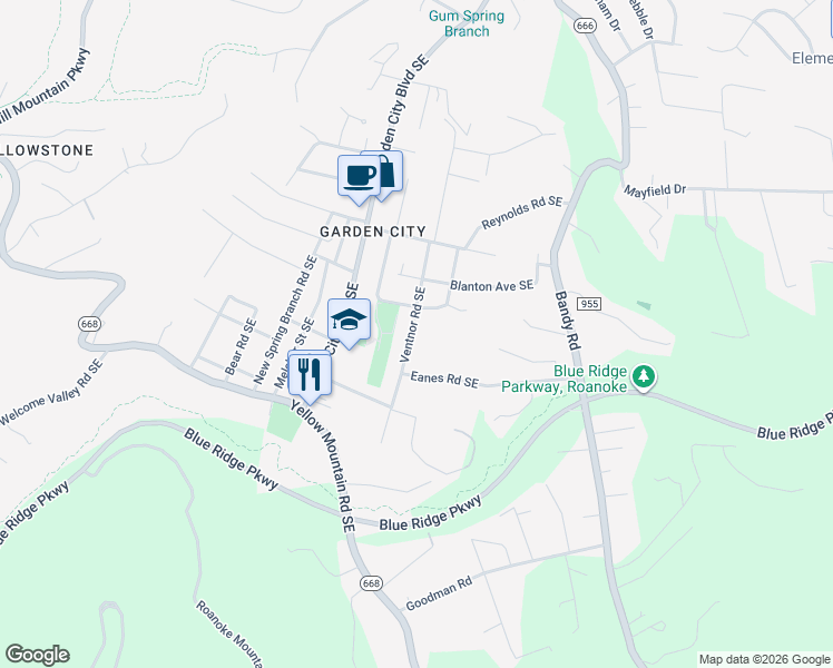 map of restaurants, bars, coffee shops, grocery stores, and more near 3630 Ventnor Road Southeast in Roanoke
